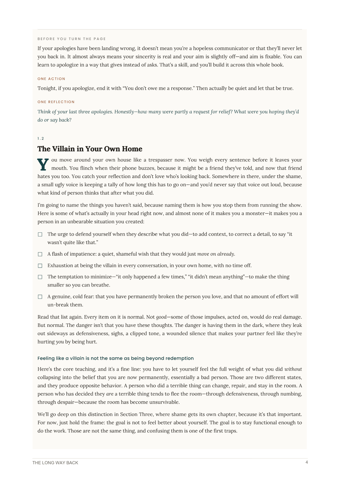 Screenshot of a reflection and action page from The Long Way Back.